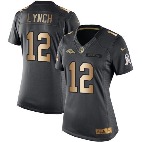 Nike Broncos #12 Paxton Lynch Black Women's Stitched NFL Limited Gold Salute to Service Jersey - Click Image to Close